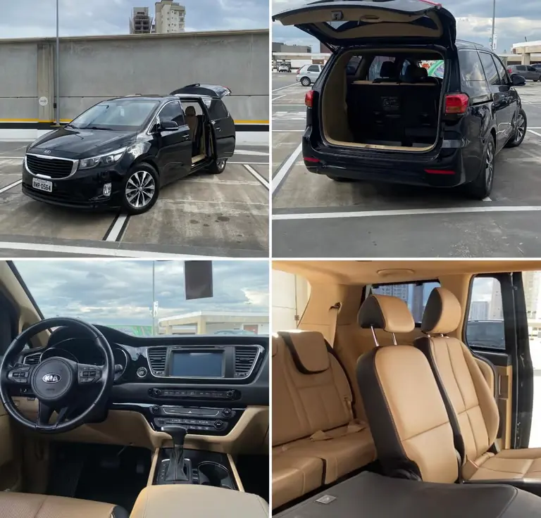 Minivan carregada no terminal, navio ao fundo